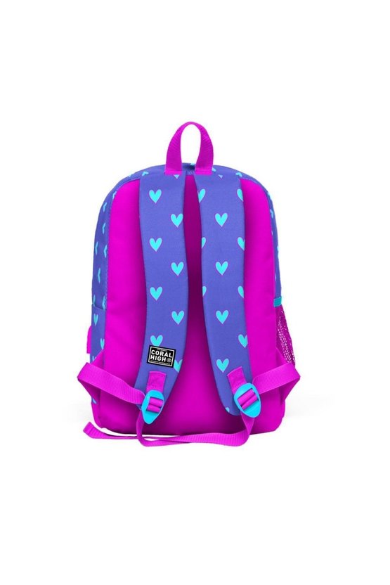 Kids Lavanta Pembe Kalp Desenli Dört Bölmeli Usb Şarjlı Kulaklık Çıkışlı Okul Sırt Çantas
