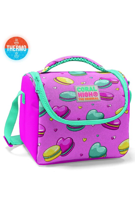 Kids Açık Pembe Su Yeşili Makaron Desenli Thermo Beslenme Çantası 11701