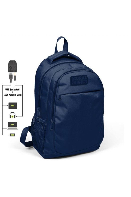 Lacivert Ilk Ve Ortaokul Sırt Çantası - Usb Ve Aux Çıkışlı - Erkek