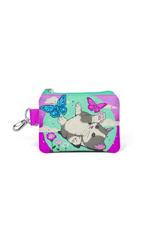 Kids Su Yeşili Pembe Kedi Desenli Bozuk Para Çantası 21807