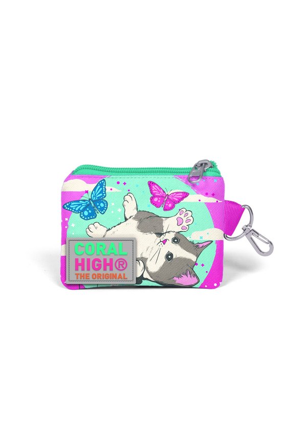 Kids Su Yeşili Pembe Kedi Desenli Bozuk Para Çantası 21807