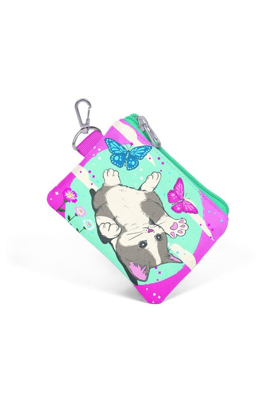 Kids Su Yeşili Pembe Kedi Desenli Bozuk Para Çantası 21807