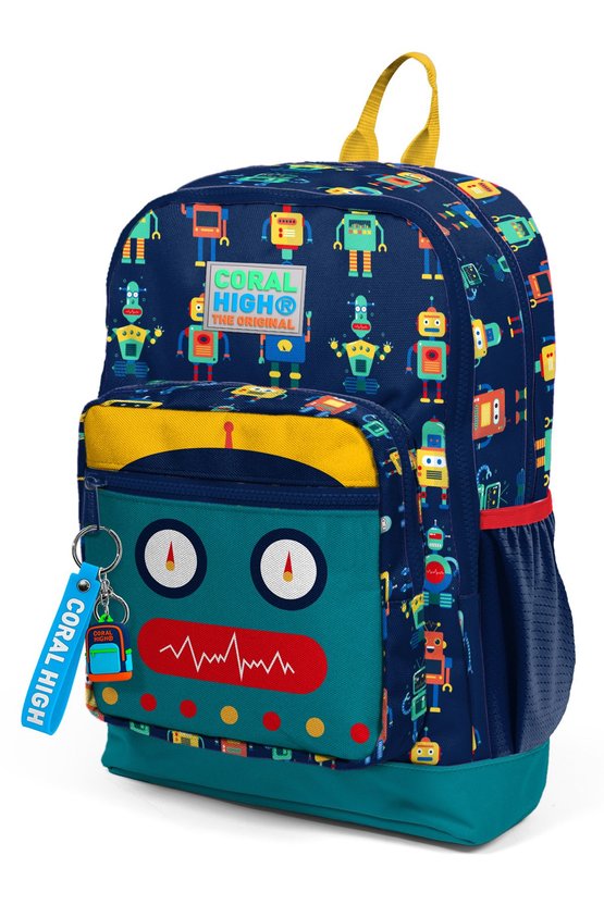 Kids Lacivert Çivit Robot Desenli Dört Bölmeli Okul Sırt Çantası 23472