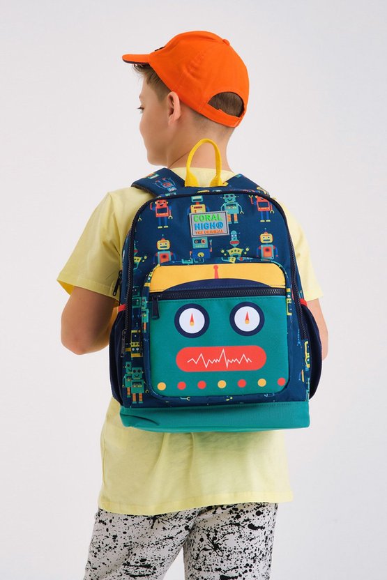Kids Lacivert Çivit Robot Desenli Dört Bölmeli Okul Sırt Çantası 23472