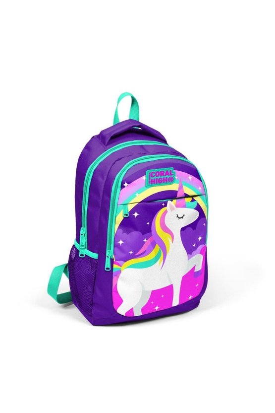 Kids Mor Su Yeşili Unicorn Desenli Üç Bölmeli Okul Sırt Çantası 14376