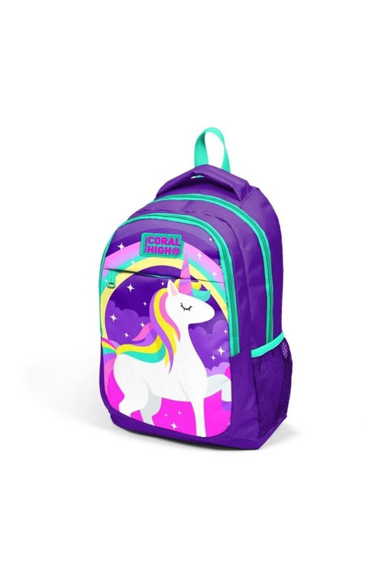 Kids Mor Su Yeşili Unicorn Desenli Üç Bölmeli Okul Sırt Çantası 14376