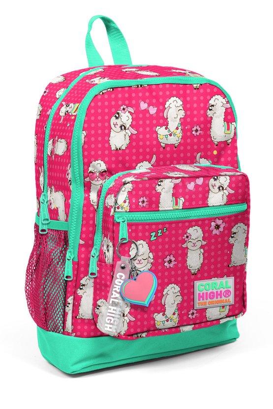 Kids Neon Mercan Su Yeşili Alpaka Desenli Dört Bölmeli Okul Sırt Çantası 23466
