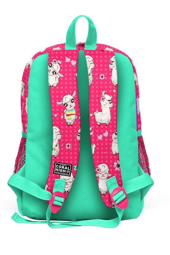 Kids Neon Mercan Su Yeşili Alpaka Desenli Dört Bölmeli Okul Sırt Çantası 23466