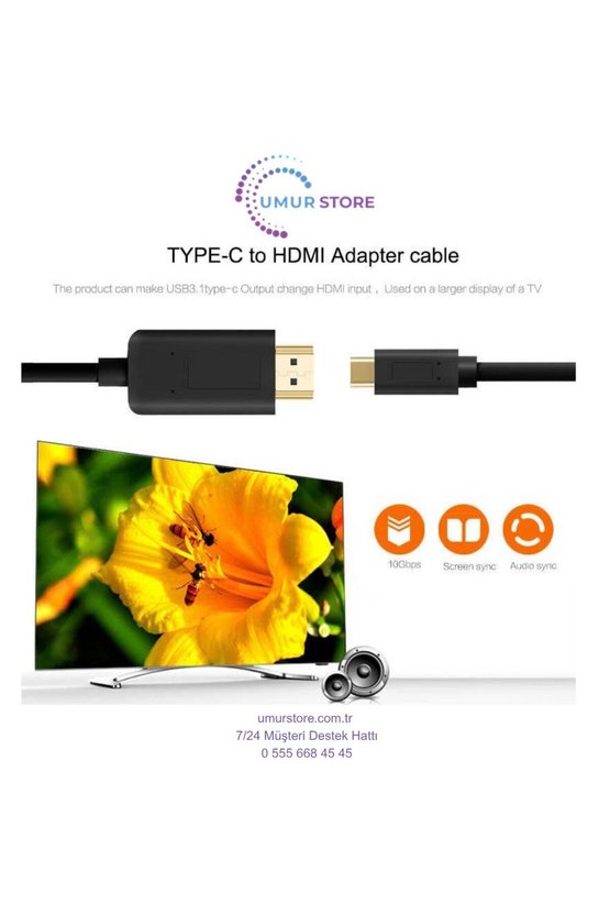 Type-C To HDMI 4K Kablo 120 cm - Hdcp Özelliği - 10 Gbps Görüntü Aktarım Kablosu