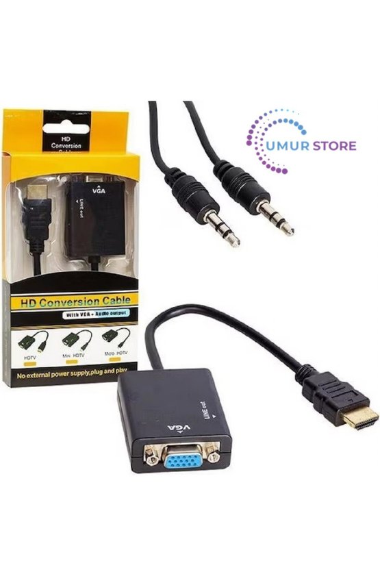 HDMI To VGA Ses Destekli 1089P Monitör Dönüştürücü Kablo Çevirici Adaptör