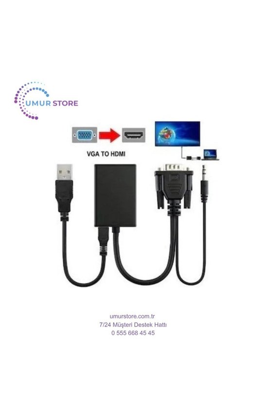 VGA To HDMI Dönüştürücü Çevirici Kablo Adaptör Görüntü Ses Destekli