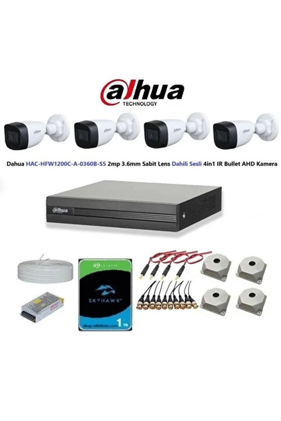 2mp 4 Kameralı Dış Ortam Dahili Sesli Full Kamera Seti 1tb Disk Hac-hfw1200c-a-0360b