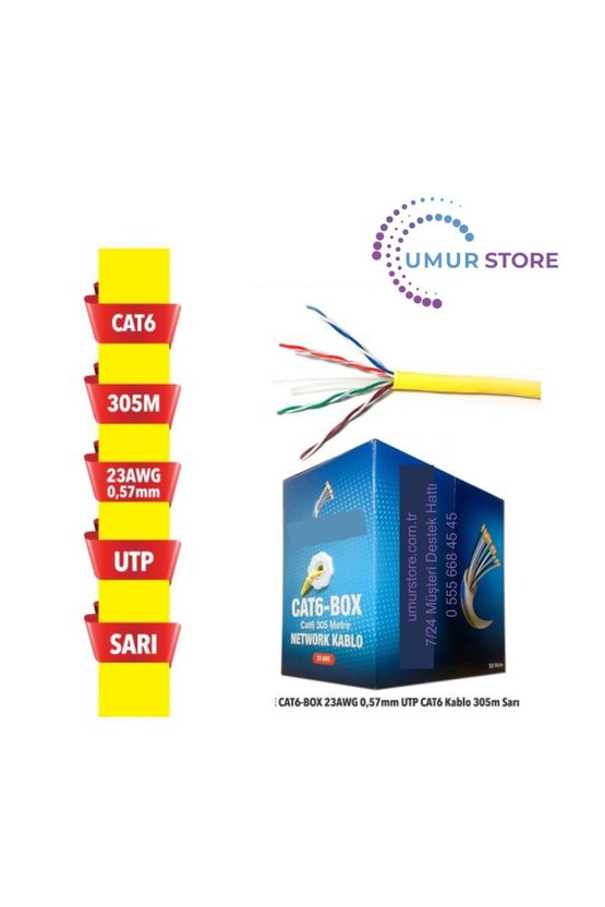 Cat6-Box 23AWG 0,57MM Utp Cat6 Kablo 305M Sarı