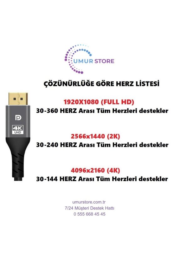 Displayport Dp Kablo 4K Premium 360 Herze Kadar Destekli