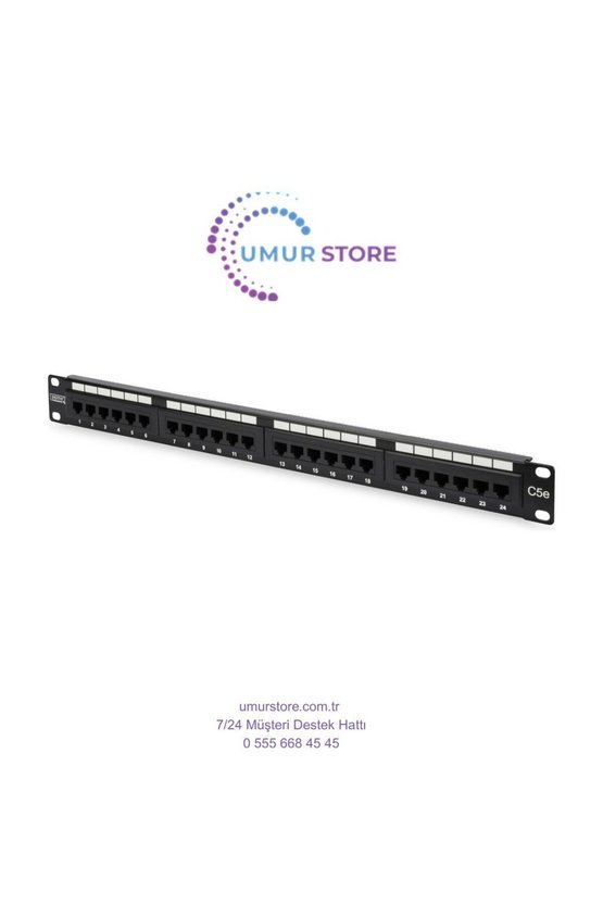 19 Inch 24 Port Cat-5E UTP Patch Panel, 50 μ (Mikron), Altın Kontak, Zırhsız