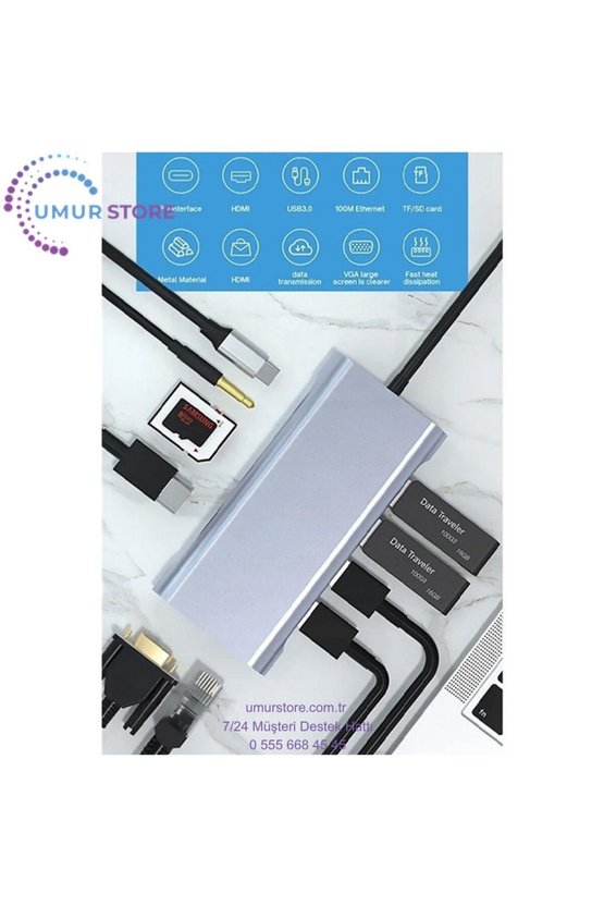 Macbook Pro Air Type-C Çevirici Dönüştürücü Çoklayıcı Pd Şarj Hdmı Sd Network VGA Girişli 11 In 1