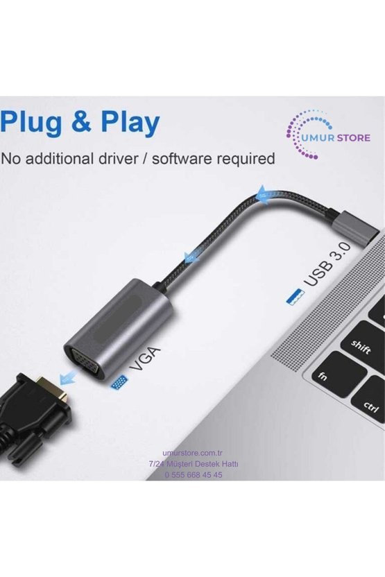 USB 3.0 To VGA Dönüştürücü 1080P Full Hd Görüntü Aktarım Kablosu Tak & Çalıştır