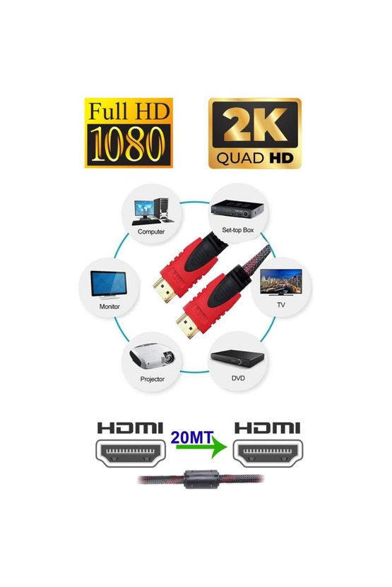 20 Metre Örgülü HDMI Kablo - 20 Metre HDMI to HDMI Kablo Örgülü Form 1.4V