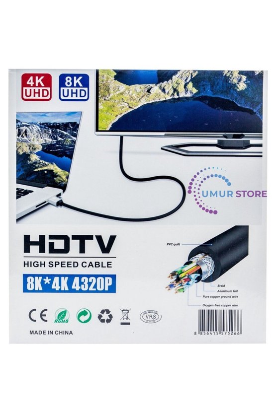 10M HDMI Kablosu 4K 60Hz, 8k, 4K 120Hz Destekli Altın Kaplama Konektör Dayanıklı Pvc