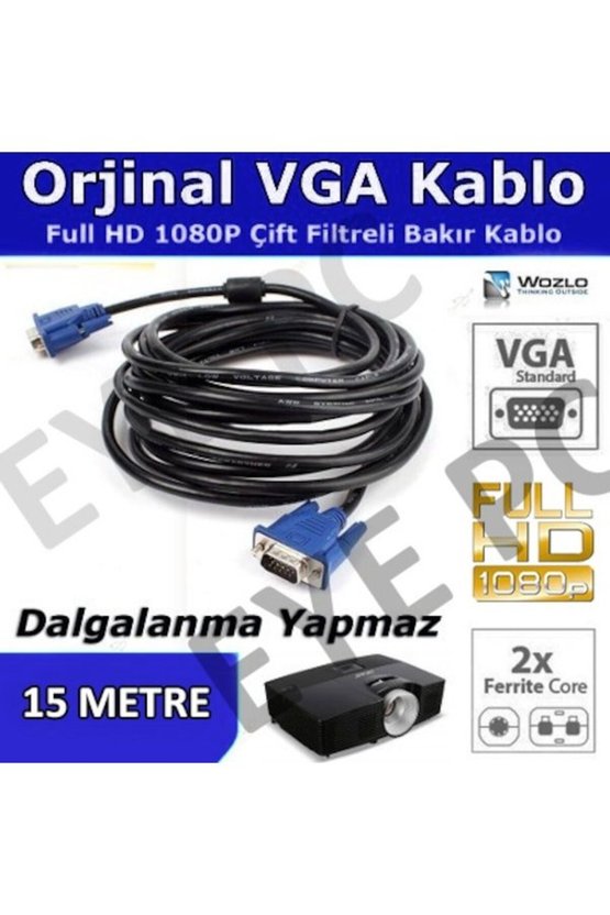 15 Metre Vga Mönitör Tv Projeksiyon Kablosu Kaliteli Çift Filtre