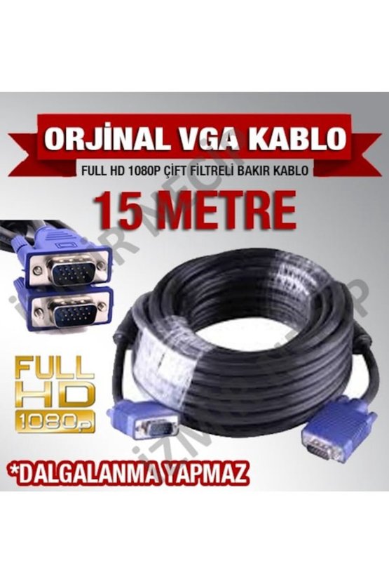 15 Metre Vga Mönitör Tv Projeksiyon Kablosu Kaliteli Çift Filtre