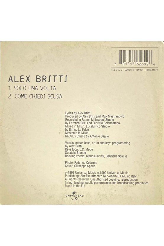 (Müzik CDsidir Plak Değildir) CD Alex Biritti Solo Una Volta CD