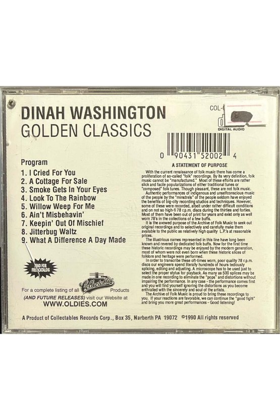 (Plak Değildir CD dir) CD Dinah Washington Golden Classics CD