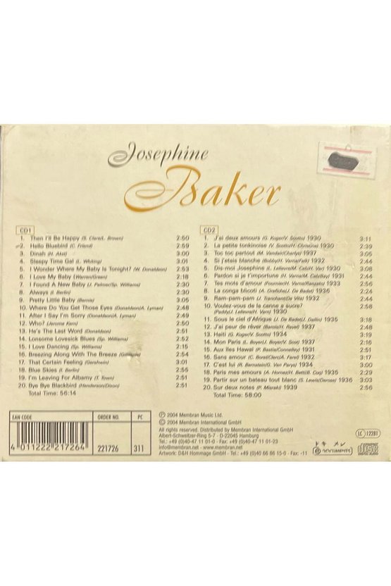 (Plak Değildir CD dir) CD Josephine Baker Sur Deux Notes Double CD
