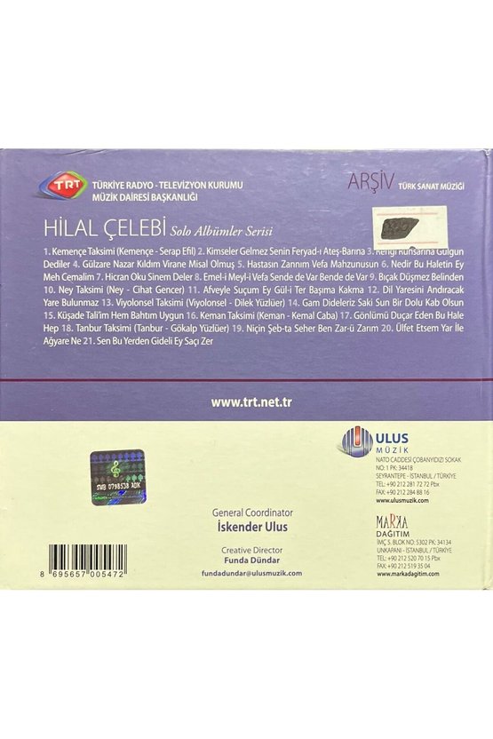 (Plak Değildir CD dir) CD Trt Arşiv Serisi 31 - Hilal Çelebi Solo Albümler Serisi CD