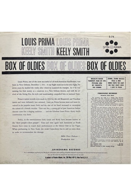 Louis Prima Keely Smith Box Of Oldies LP Plak