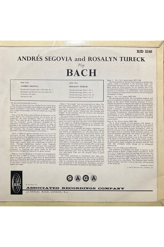 Segovia Rosalyn Tureck Play Bach Classic LP Plak