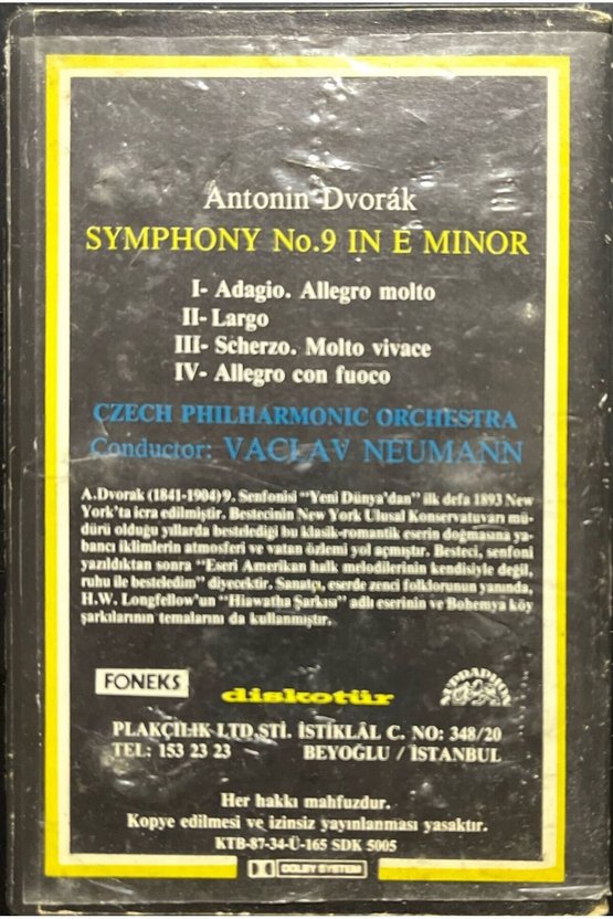 (Plak Değildir KASET tir) Kaset Dvorak New World Symphony Kaset