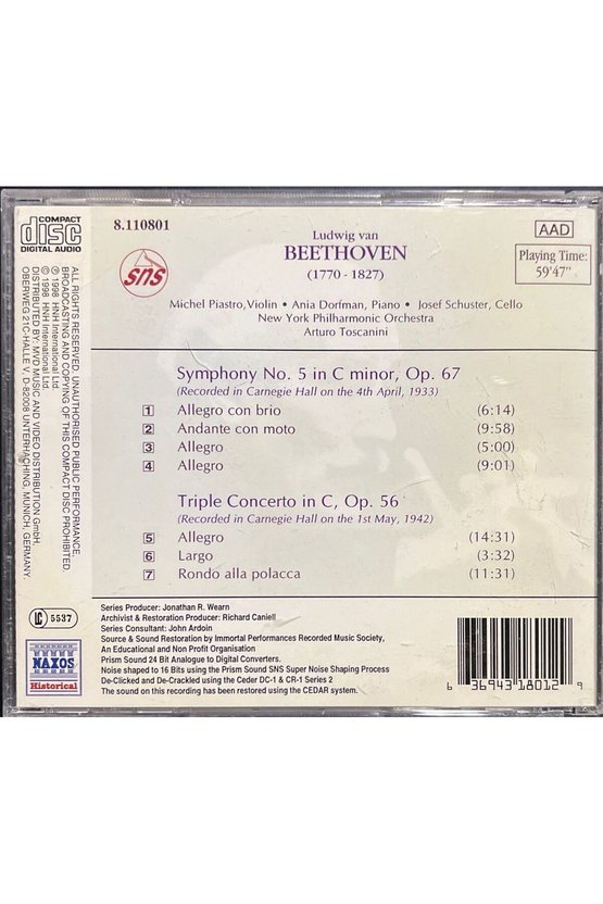 (Plak Değildir CD dir) CD Beethoven Symphony No.5 Triple Concerto CD