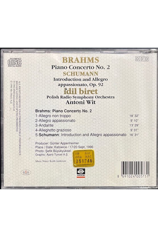 (Plak Değildir CD dir) CD İdil Biret Brahms Shumann CD