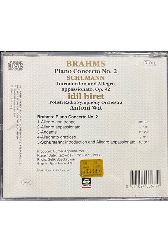(Plak Değildir CD dir) CD İdil Biret Brahms Shumann Açılmamış Ambaladında CD