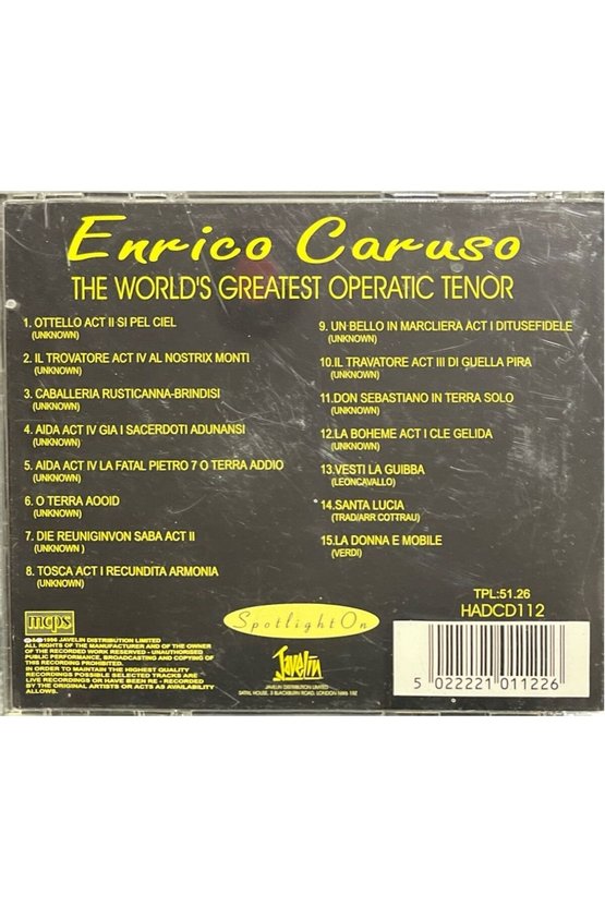 (Plak Değildir CD dir) CD Enrico Caruso The Worlds Greatest Operatic Tenor CD
