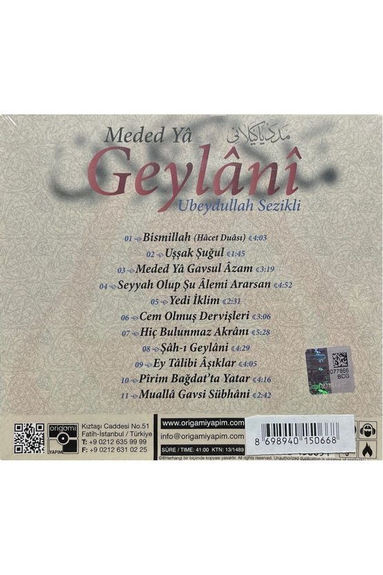 (Plak Değildir CD dir) CD Meded Ya Geylani Açılmamış Jelatininde CD