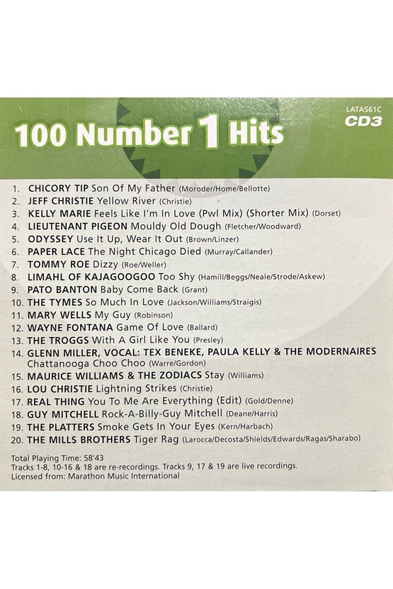 (Plak Değildir CD dir) CD 100 Number 1 Hits CD3 CD