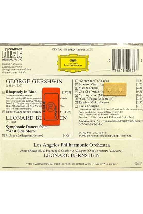 (Plak Değildir CD dir) CD Gerswin - Bernstein Rhapsody In Blue - West Side Story CD