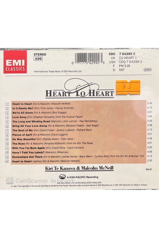 (PLAK DEĞİLDİR CD DİR) Cd Kiri Te Kanawa Malcolm Mcneill Heart To Heart Cd