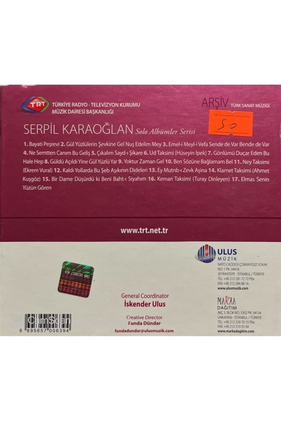 (PLAK DEĞİLDİR CD DİR) Trt Arşiv Serisi 91 Serpil Karaoğlan Solo Albümler Serisi Cd