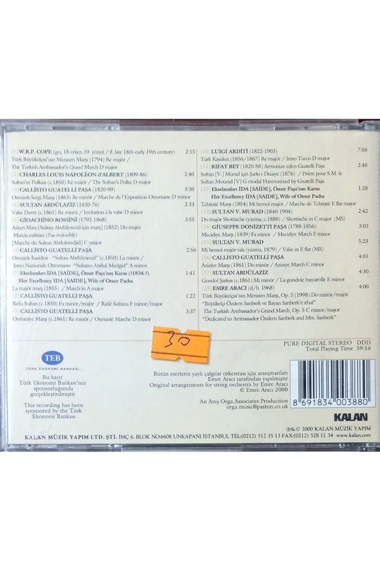 (PLAK DEĞİLDİR CD DİR) Cd Emre Arıcı Osmanlı Sarayından Avrupa Müziği Cd