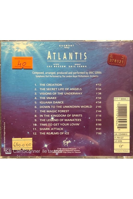 (PLAK DEĞİLDİR CD DİR) Cd Eric Serra Atlantis Cd