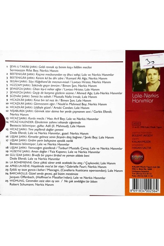 (PLAK DEĞİLDİR CD DİR) Cd Lale-nerkis Hanımlar Cd