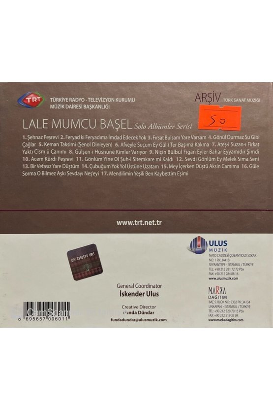 (PLAK DEĞİLDİR CD DİR) Trt Arşiv Serisi 71 Lale Mumcu Başel Solo Albümler Serisi Cd