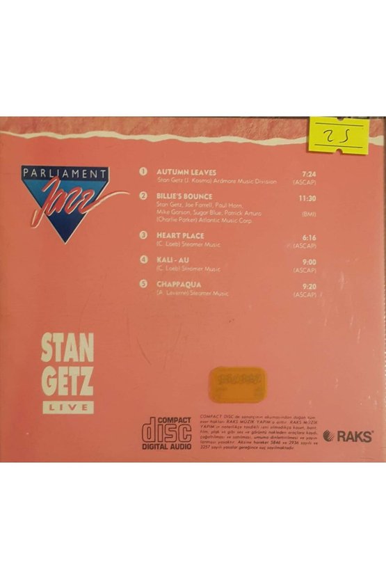 (PLAK DEĞİLDİR CD DİR) Cd Parlaiment Jazz Stan Getz Live Cd