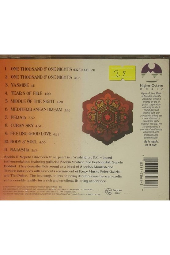 (PLAK DEĞİLDİR CD DİR) Cd One Thovsand &one Nights Shahin &sepehr Cd