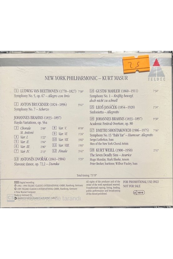 (PLAK DEĞİLDİR CD DİR) Cd New York Philarmonic Kurt Masur European Tour 1995 Cd