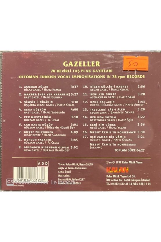 (PLAK DEĞİLDİR CD DİR) Cd Gazeller 78 Devirli Taş Plak Kayıtları Cd