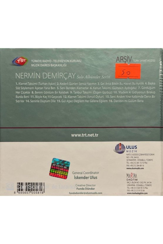 (PLAK DEĞİLDİR CD DİR) Trt Arşiv Serisi 58 Nermin Demirçay Solo Albümler Serisi Cd
